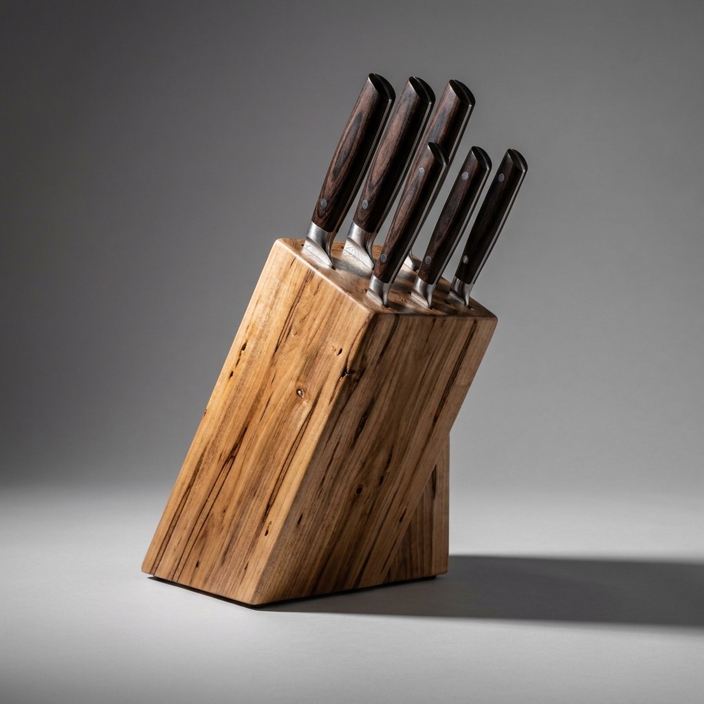 Ambrosia maple magnetic knife holder with dark-handled knives