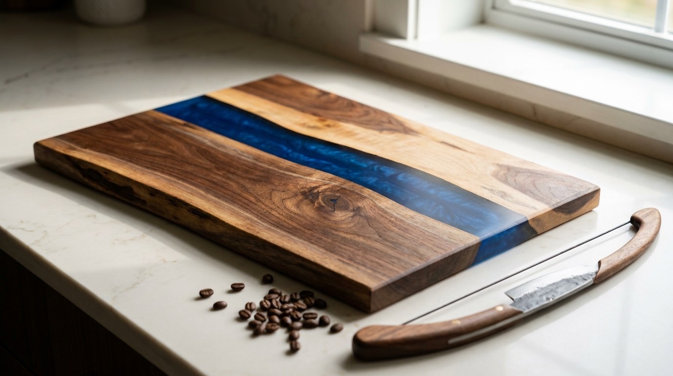 Walnut and sapphire epoxy river cutting board on a white marble counter with a bread knife and coffee beans