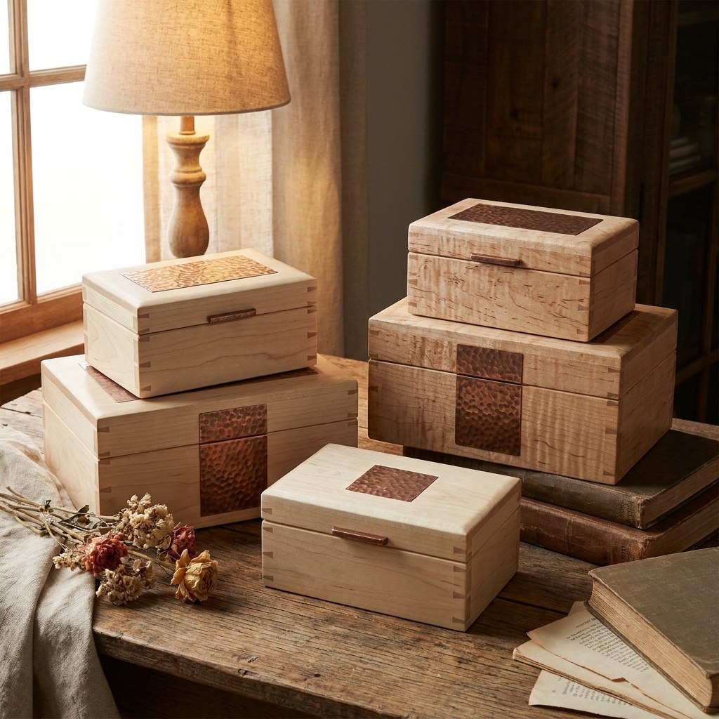 Magnolia and sycamore keepsake boxes with copper accents